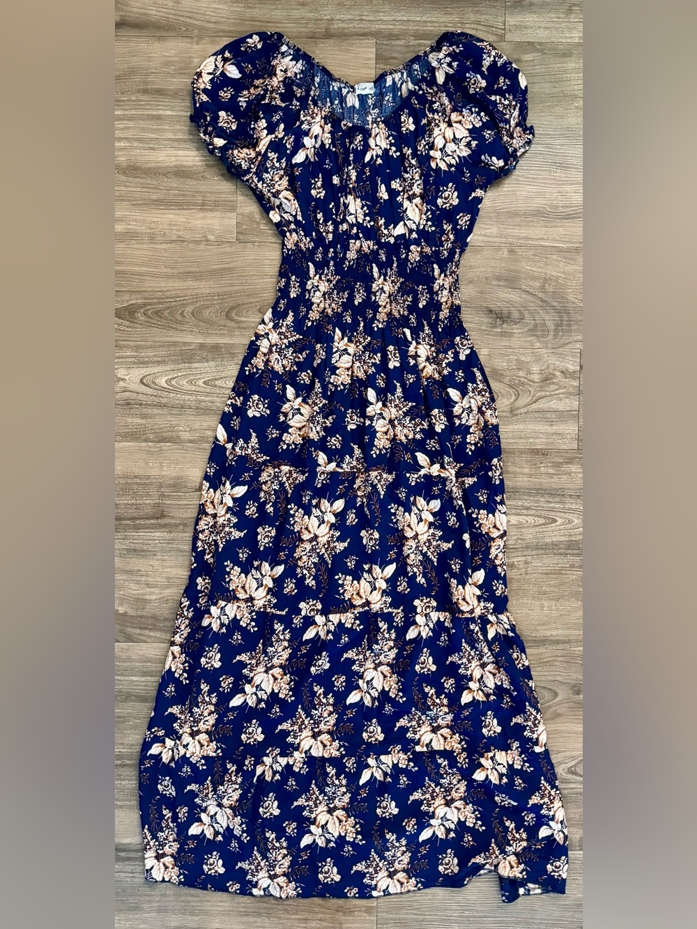 Smocked Waist Navy Blue Floral Maxi Dress